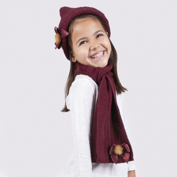 Conjunto gorro, bufanda con lazo de raso y pompón.DORIAN 4030-7