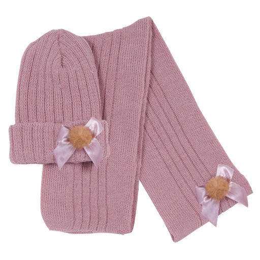 Conjunto gorro, bufanda con lazo de raso y pompón.DORIAN 4030-7